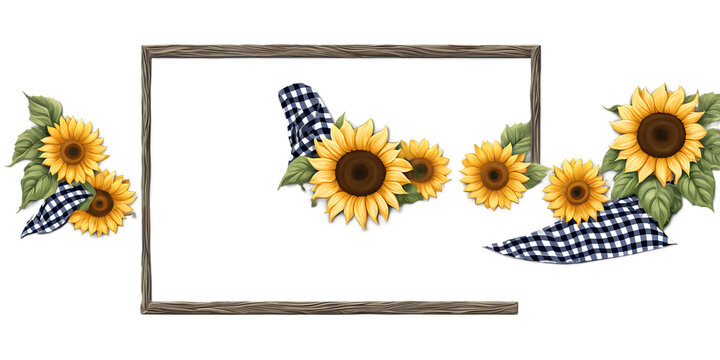 Country style rectangular frame with gingham pattern and sunflowers Transparent Background Images 