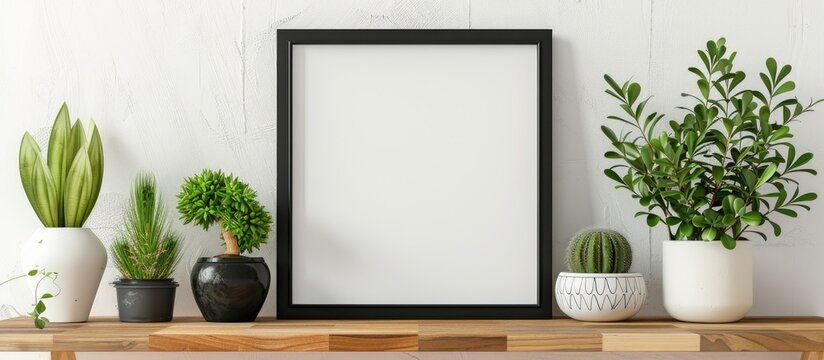 Black square frame with potted plants and branch decor is displayed on a wooden shelf against a white wall with space for copy.