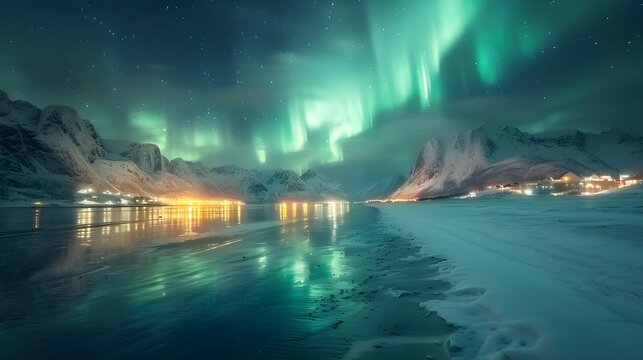 Aurora borealis over the sea, snowy mountains and city lights at night. Northern lights in Lofoten islands, Norway. Starry sky with polar lights. Winter landscape with aurora, reflection, Ai Generated