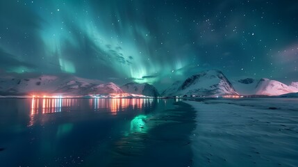 Aurora borealis over the sea, snowy mountains and city lights at night. Northern lights in Lofoten islands, Norway 