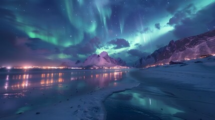 Aurora borealis over the sea, snowy mountains and city lights at night. Northern lights in Lofoten islands, Norway. Starry sky with polar lights. Winter landscape with aurora, reflection, Ai Generated - obrazy, fototapety, plakaty