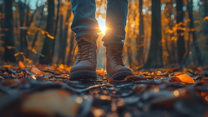 Hiking boots on forest ground at sunset - obrazy, fototapety, plakaty