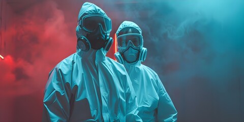 Workers in protective gear handling hazardous materials for production to maintain workplace safety. Concept Hazardous Materials Handling, Workplace Safety, Protective Gear, Production Process - obrazy, fototapety, plakaty