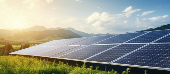 Solar panels on a mountainside farm - obrazy, fototapety, plakaty
