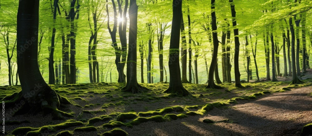 Poster a path winding through a forest with trees covered in moss