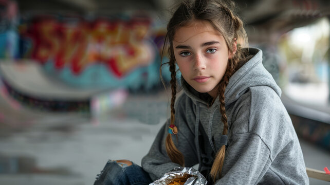 Girl with braids eating under a bridge.