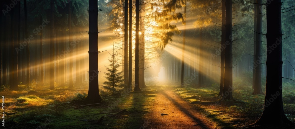 Poster sunlight filtering through trees in a forest