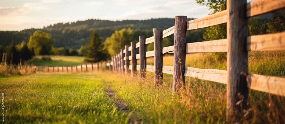 Poster a fence in a field with a mountain in the background