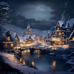 Digital painting of a winter night in the european village.