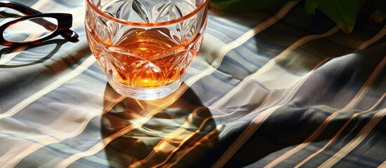 Glass of whiskey and pair of glasses on table