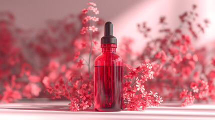 Elegant Red Glass Dropper Bottle on a Pink Background for Cosmetic Use