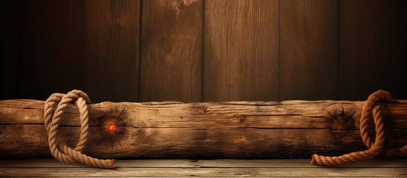 Rope tethered to timber on wooden surface