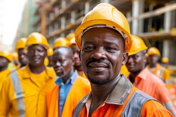 Happy Construction Crew Capturing Memories in 4K Quality - Smiling Workers in Uniform Pose for Group Photo - obrazy, fototapety, plakaty