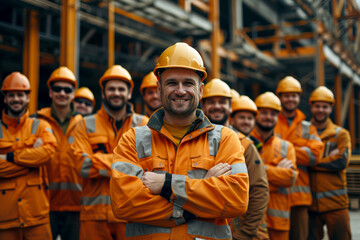 Happy construction crew posing for group photo in high-quality 4K image