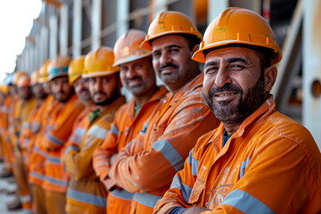 Happy construction crew posing for a group photo in high quality 4k real image