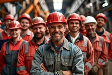 Fototapeta premium Happy construction crew posing for high quality 4k group photo in uniform