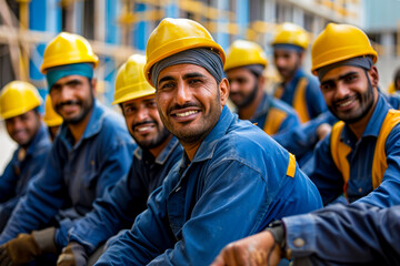 Happy construction crew in uniform posing for high quality 4k group photo - obrazy, fototapety, plakaty