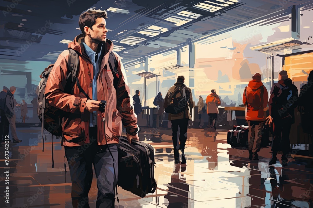 Fototapete traveler with backpacks and luggage bags in queue waiting for airport security check. travelers queu