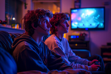 Obraz premium Dynamic Duo: Two College Roommates Engaged in Intense Video Game Battle on TV