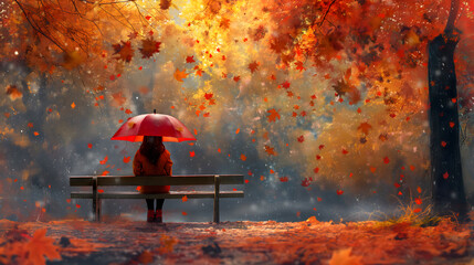 Autumn Splendor: A Woman Contemplating Under a Canopy of Falling Leaves