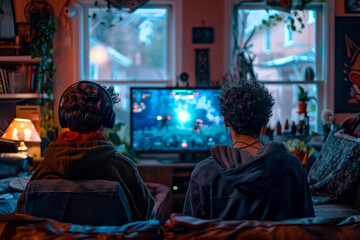 Fototapeta na wymiar Dynamic Duo: Two Student Roommates Engage in Intense Video Game Battle on TV