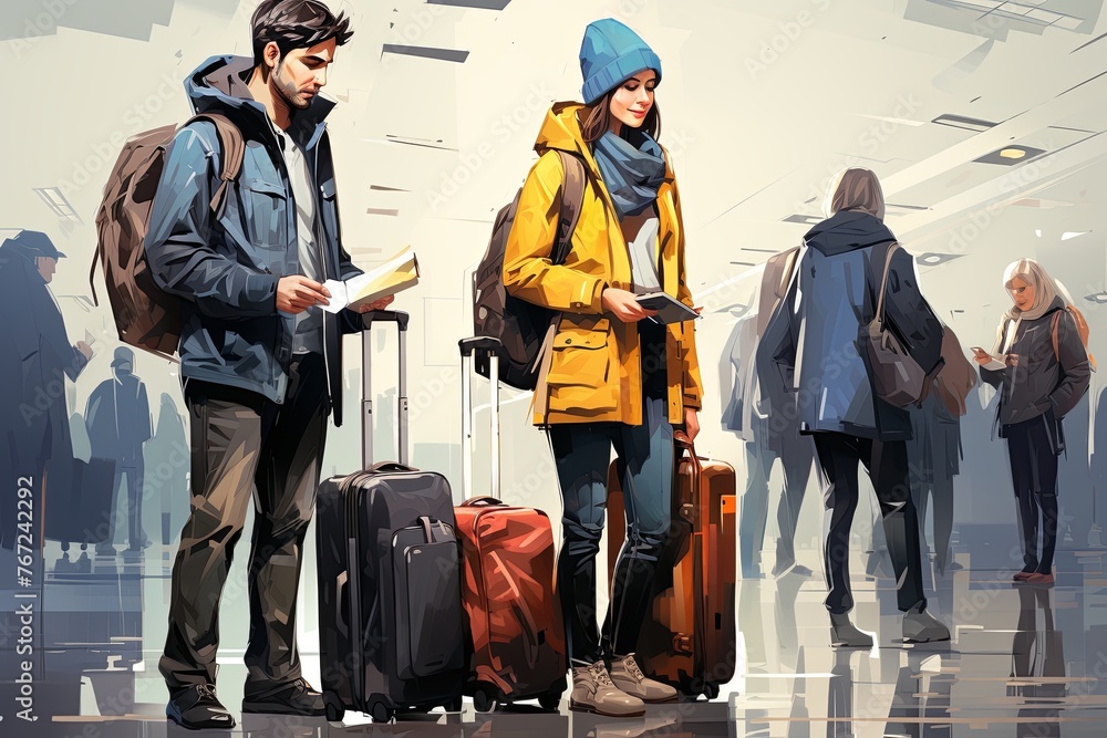 Aufkleber Traveler with backpacks and luggage bags in queue waiting for airport security check. Travelers Queuing for Security Check. Generative AI..