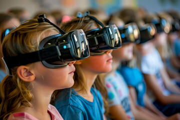 Immersive Learning: Kids in Classroom Using Virtual Reality Glasses