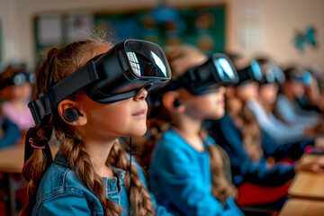 Immersive Learning: Kids in Classroom Using Virtual Reality Glasses