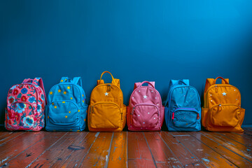 Vibrant Kids' Backpacks Posing on Wooden Floor with Blue Wall Background