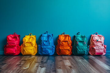 Vibrant kids' backpacks on wooden floor against blue backdrop - a colorful school essential display - obrazy, fototapety, plakaty