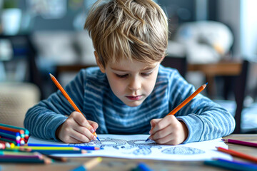 Adorable child creating colorful masterpiece with pencils in cozy home or school setting - obrazy, fototapety, plakaty