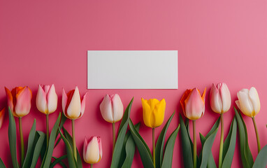 Elegant Red Tulips with Blank White Card on Pink Background