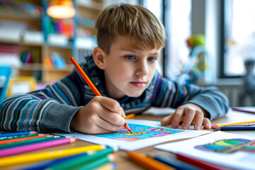 Adorable young artist creating colorful masterpiece on paper with pencils in cozy home or classroom setting