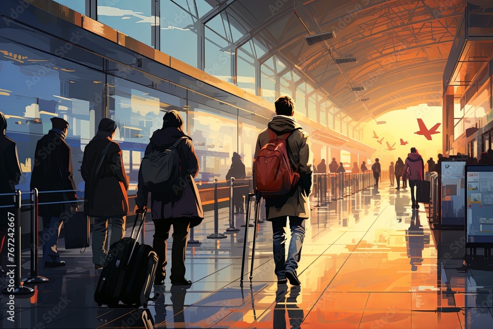 Fototapete traveler with backpacks and luggage bags in queue waiting for airport security check. travelers queu