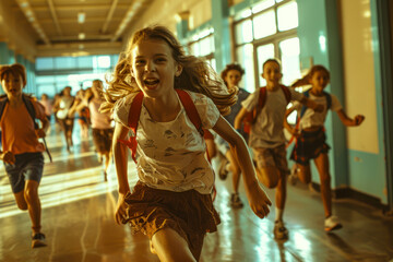 Back to School Buzz: Energetic Kids Racing Through School Hallways