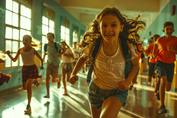 Back to School Buzz: Energetic Kids Racing Through School Hallways