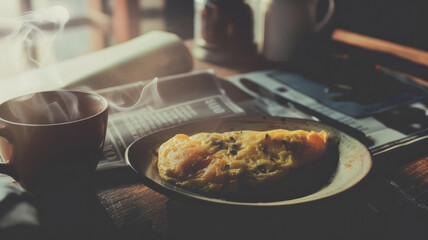A plate of omelette with coffee.