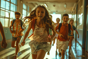 Dynamic Back to School: Energetic Kids Running Through School Hallways in Exciting Concept