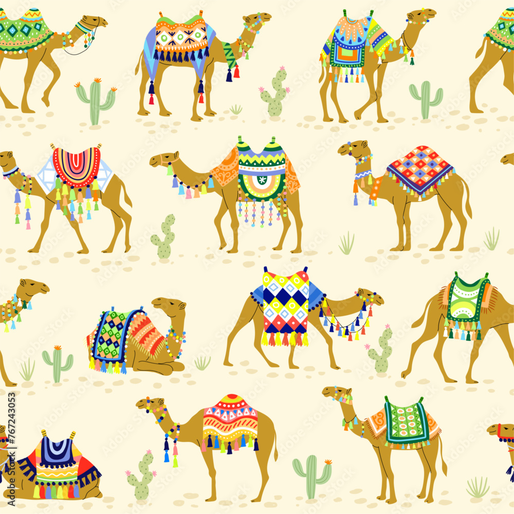 Wall mural camel pattern. seamless background with decorative camels illustrations recent vector template for t