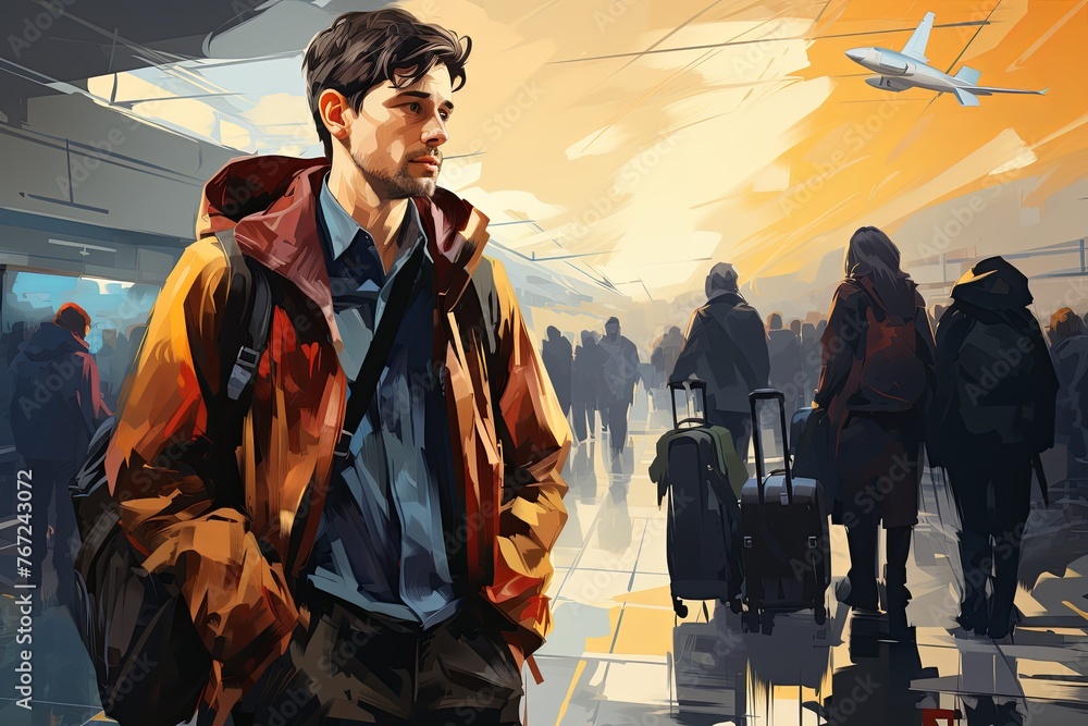 Aufkleber Traveler with backpacks and luggage bags in queue waiting for airport security check. Travelers Queuing for Security Check. Generative AI..