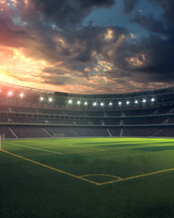 Sunset Rays over an Empty Soccer Stadium Ready for Action