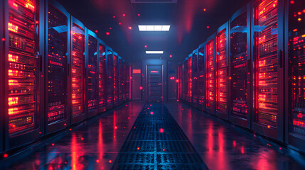 Futuristic Server Room with Glowing Red LED Lights - obrazy, fototapety, plakaty