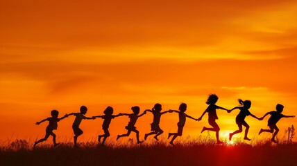 Obraz na płótnie Canvas Children playing in sunset silhouette scene