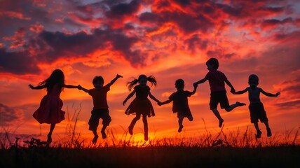 Children jumping silhouette against fiery sky