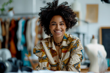 Cheerful Black educator records fashion design tutorial for students at desk - obrazy, fototapety, plakaty