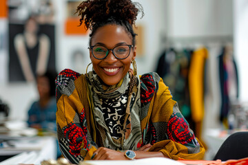 Joyful African-American educator films fashion design tutorial for students at desk - obrazy, fototapety, plakaty