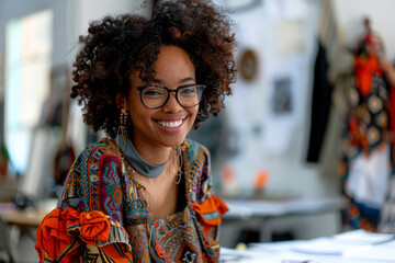 Happy African-American teacher films fashion design tutorial at desk - obrazy, fototapety, plakaty