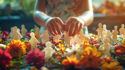 Child playing with paper dolls and flowers.