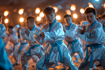 Rivalry in Action: Young Martial Arts Students Showcase Their Idol Acts in Competition - obrazy, fototapety, plakaty