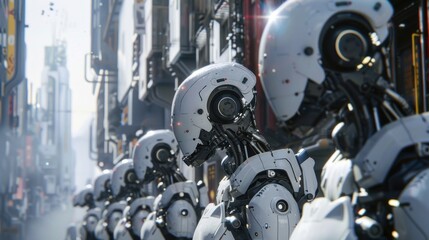 Futuristic robotic soldiers aligned on dystopian city street, demonstrating advanced artificial intelligence and military technology. Science fiction and innovation.